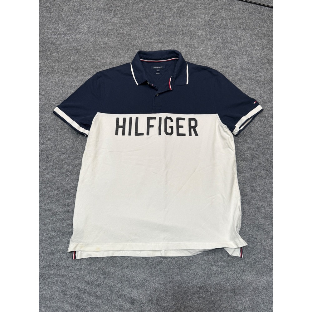Tommy Hilfiger Men XL Navy White Colorblock Stretch Logo Polo Shirt Short Sleeve
